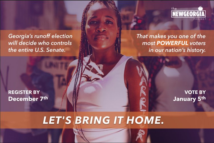 lift every vote georgia runoff elelction image of strong black woman with braids standing wearing white tank top with the word